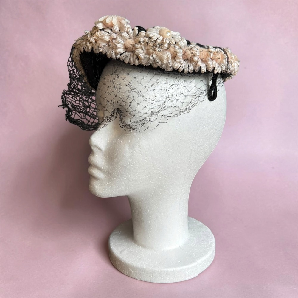 Vintage Black Pillbox Hat with Cream Fabric Daisies and Birdcage Veil